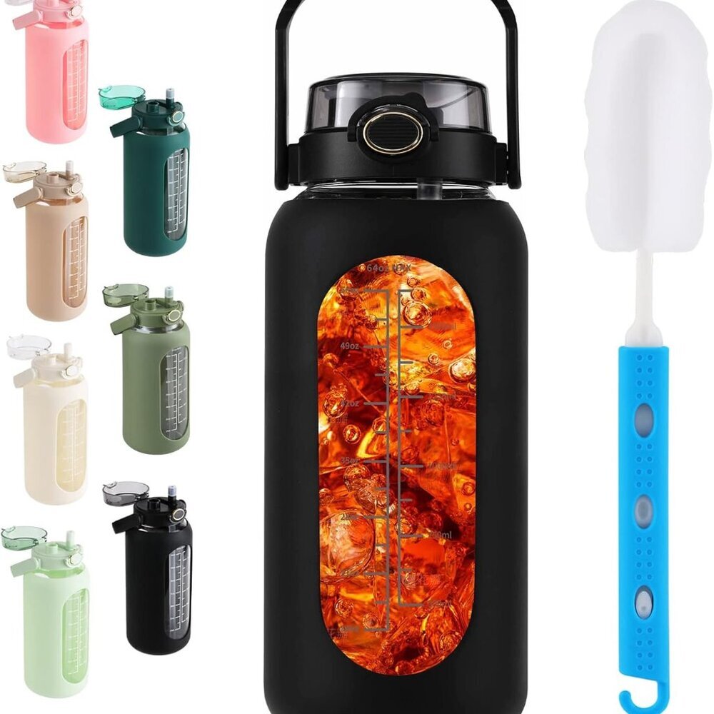 64oz Glass Water Bottle with Straw and Handle Lid Half Gallon Motivational Glass - Picture 1 of 6